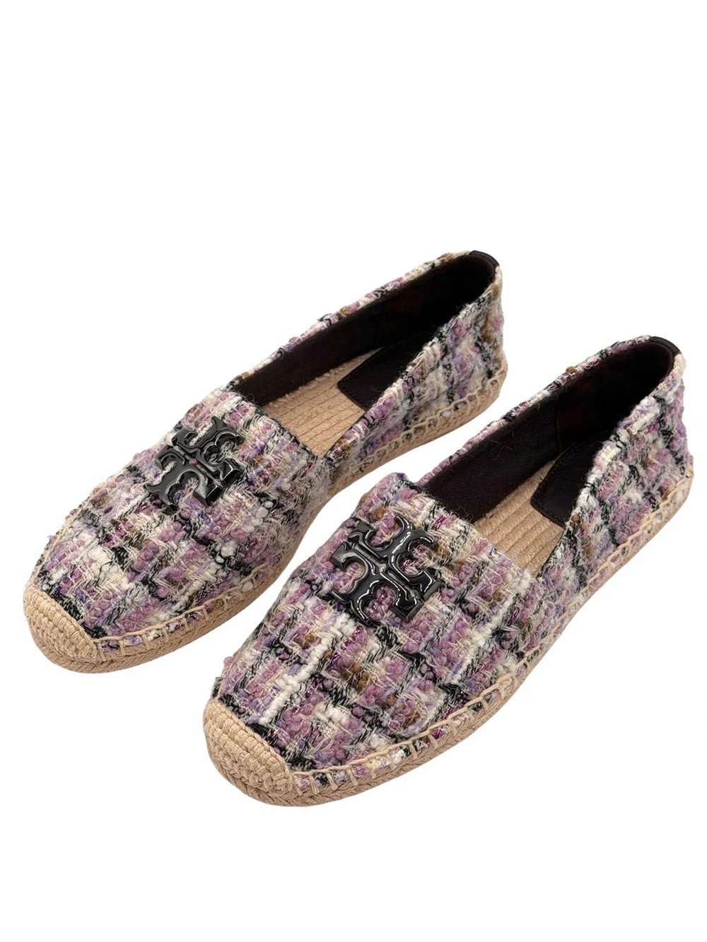 Tory Burch Everly Tweed Espadrille Slip-On Flats Double T Logo Size 8
